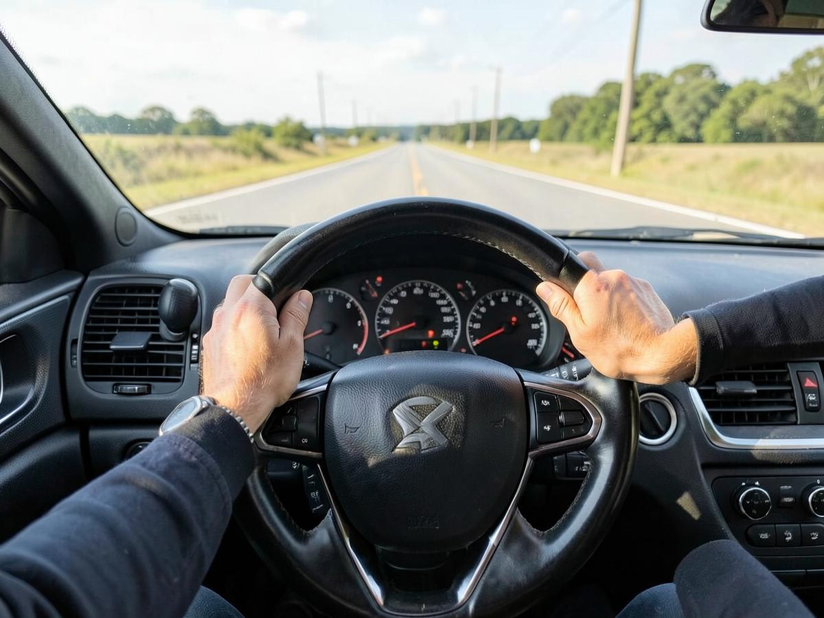 Driver's view of hands on the steering wheel during an on-road driving lesson