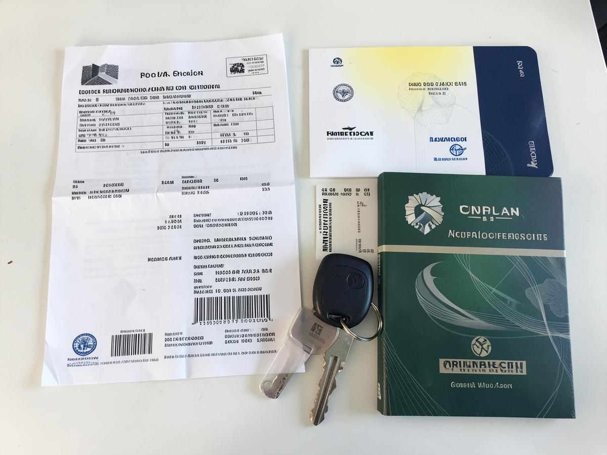 Vehicle documents and keys arranged on a desk