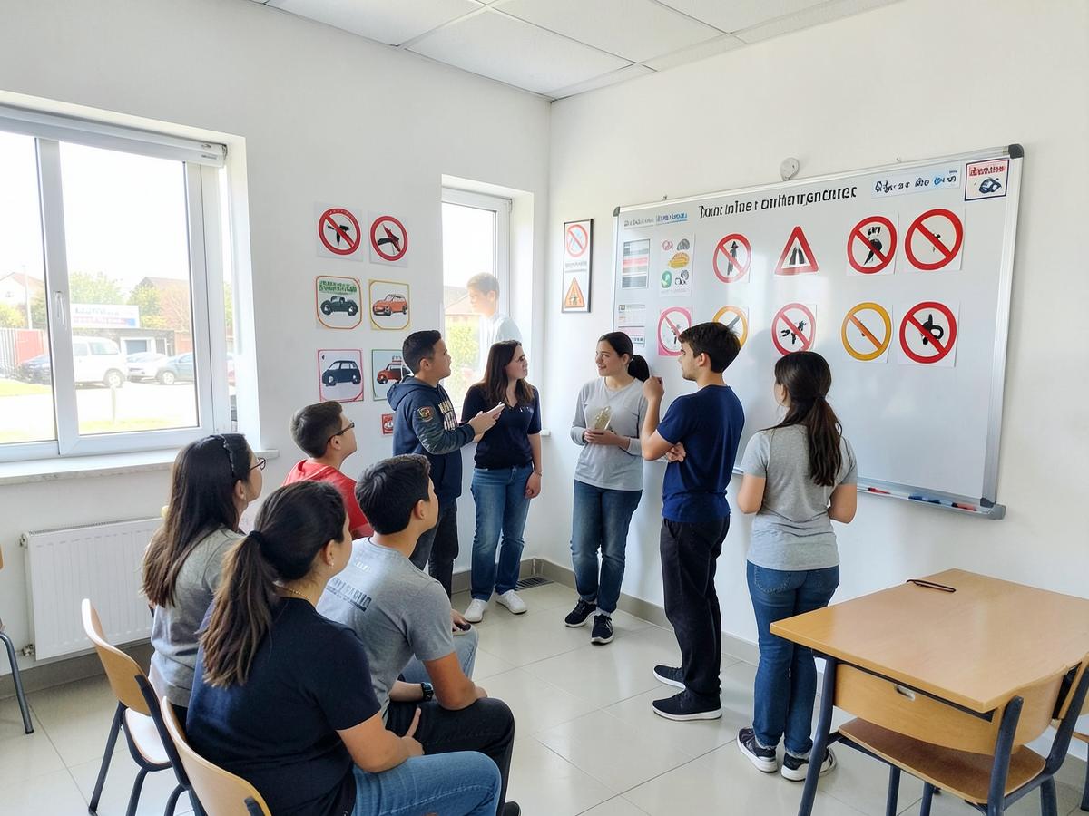 Road safety class with traffic signs on a whiteboard
